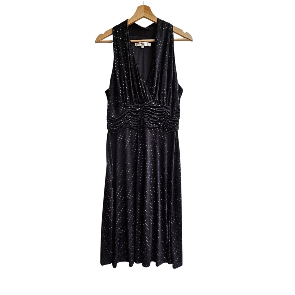 Evan-Picone Dress Black Gold Metallic Dot Ruched Waist Sleeveless Size 12